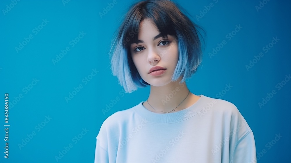 Beautiful girl on a blue background. The girl in blue. Generative AI Beautiful girl on a blue background. The girl in blue. Generative AI