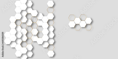 white and gold hexagonal technology vector abstract background. gold bright energy flashes under hexagon in modern technology futuristic background