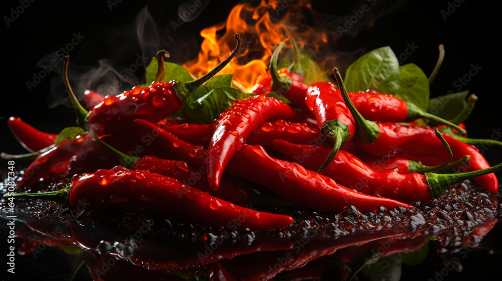 Flaming Red Chili Pepper on Black Background: Heat and Passion. generative AI, Flaming Red Chili Pepper on Black Background: Heat and Passion. generative AI,
