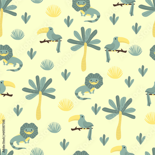 Fototapeta Naklejka Na Ścianę i Meble -  Vector seamless pattern with toucan, sloth.Tropical jungle cartoon creatures.Pastel animals background.Cute natural pattern for fabric, childrens clothing,textiles,wrapping paper.