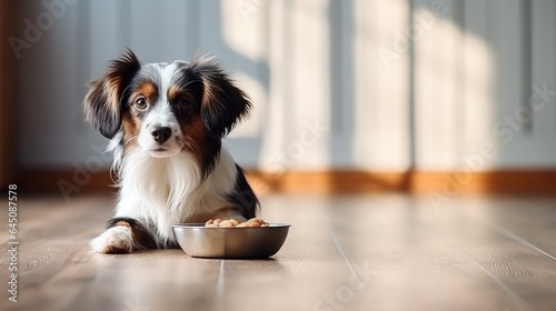 Dog eating dog food from bowl. Generative AI