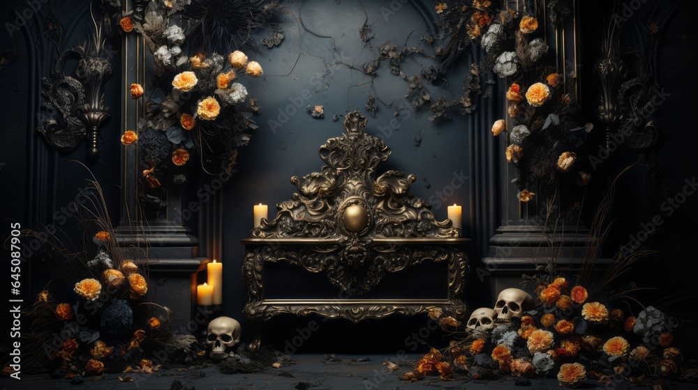 Obraz premium Dark moody baroque background with skulls, flowers, candles and ornaments for Halloween, Day of the dead, Santa Muerte and All Souls' Day
