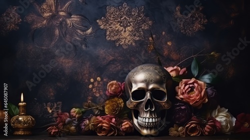 Dark moody baroque background with skull  flowers  candles and ornaments for Halloween  Day of the dead  Santa Muerte and All Souls  Day