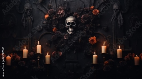 Dark moody baroque background with skull, flowers, candles and ornaments for Halloween, Day of the dead, Santa Muerte and All Souls' Day