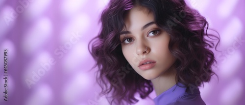 Beautiful girl on a purple background. The girl in purple. Generative AI
