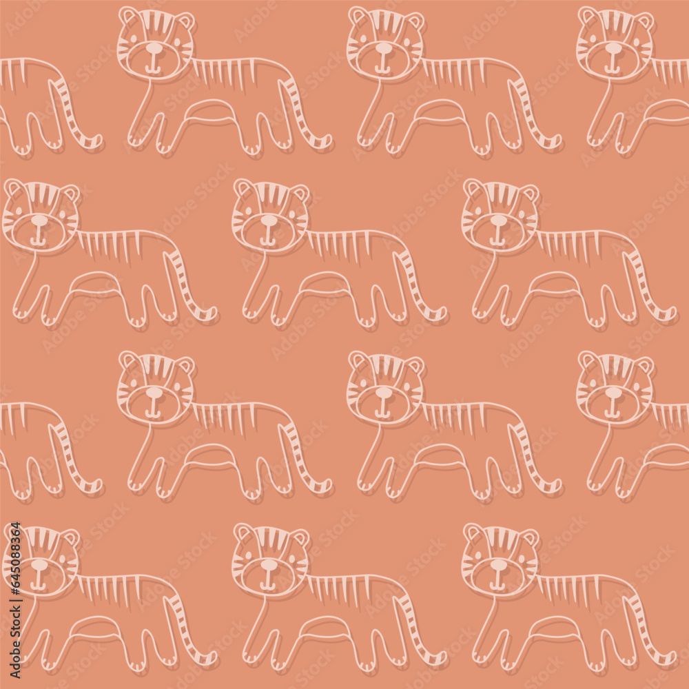Vector seamless pattern with tiger.Tropical jungle cartoon creatures.Pastel animals background.Cute natural pattern for fabric, childrens clothing,textiles,wrapping paper. Vector seamless pattern with tiger.Tropical jungle cartoon creatures.Pastel animals background.Cute natural pattern for fabric, childrens clothing,textiles,wrapping paper.