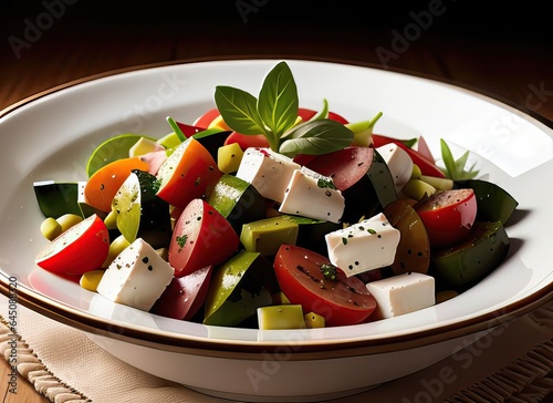 food photography,vegetable salad in the bowl,with olive oil ,bread ,in a luxurious Michelin kitchen style, studio lighting