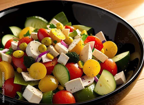 food photography,vegetable salad in the bowl,with olive oil ,bread ,in a luxurious Michelin kitchen style, studio lighting