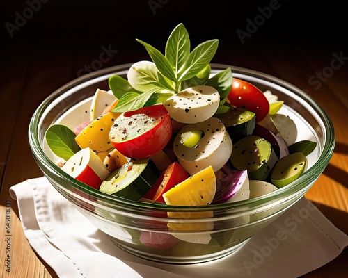 food photography,vegetable salad in the bowl,with olive oil ,bread ,in a luxurious Michelin kitchen style, studio lighting