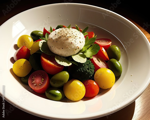 food photography,vegetable salad in the bowl,with olive oil ,bread ,in a luxurious Michelin kitchen style, studio lighting