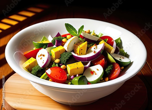 food photography,vegetable salad in the bowl,with olive oil ,bread ,in a luxurious Michelin kitchen style, studio lighting