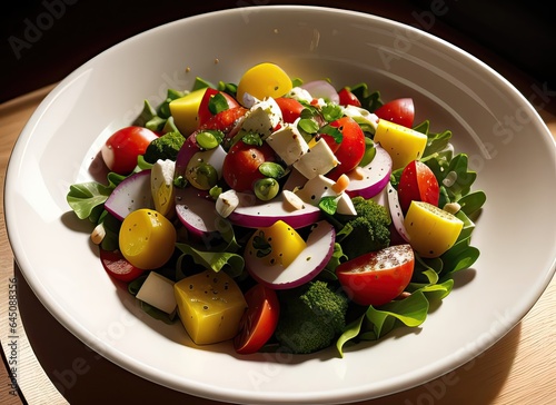 food photography,vegetable salad in the bowl,with olive oil ,bread ,in a luxurious Michelin kitchen style, studio lighting