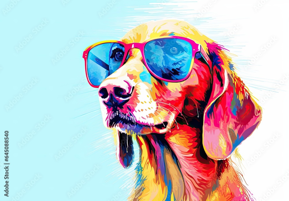 Stylish dog posing in sunglasses. Close portrait of furry puppy in fashion style. Illustration for banner, poster, cover, brochure or presentation.
