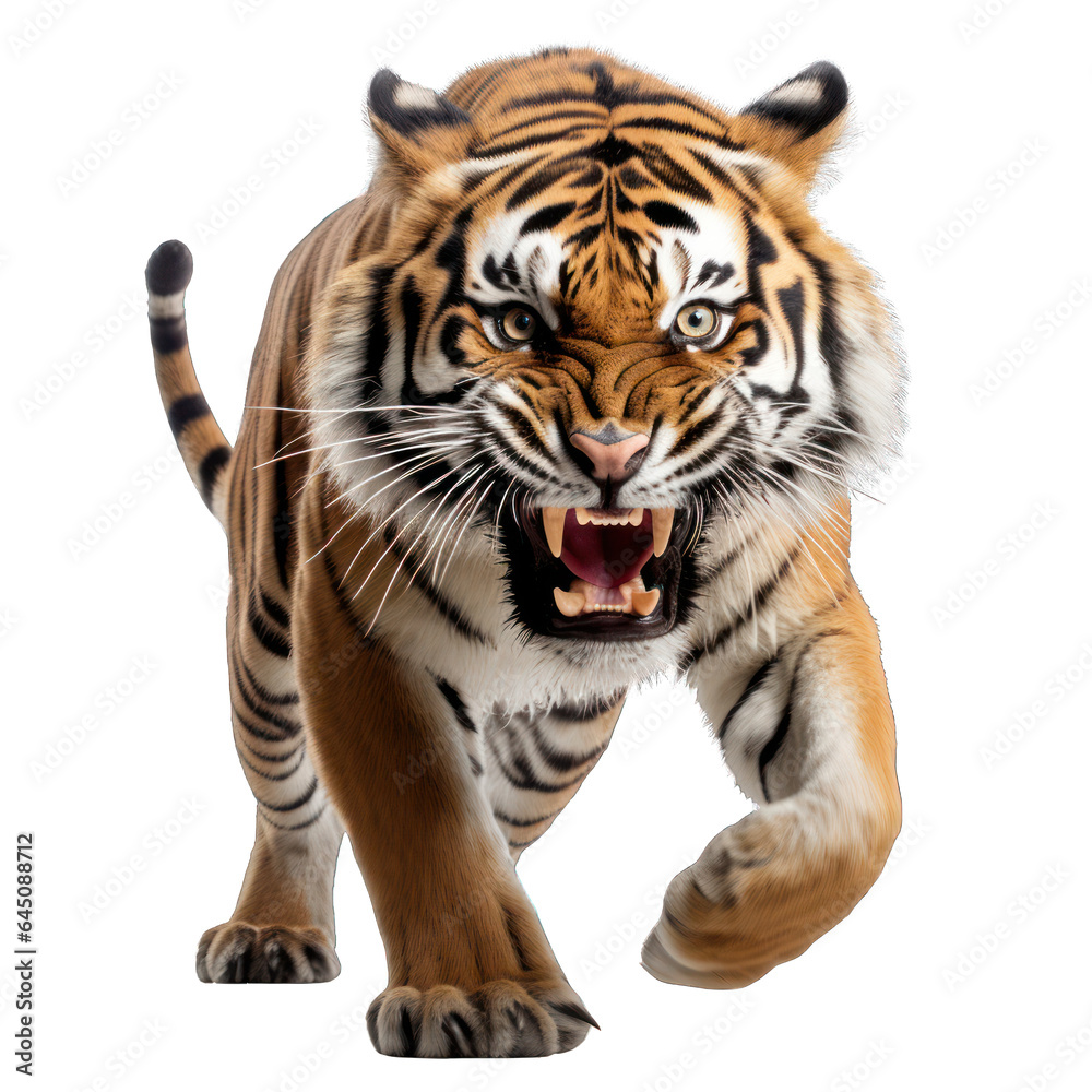 Obraz premium angry tiger running towards camera, isolated png, transparent background, generative ai
