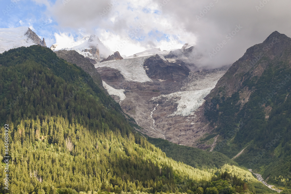 Glacial mountain top with the ice melting to form a river in the valley