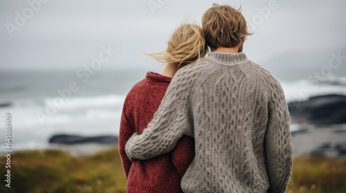 A couple in knitted sweaters stands and looks into the distance on the seashore. The warm embrace of two people. The concept of joint recreation. Illustration for cover, card, interior design or print