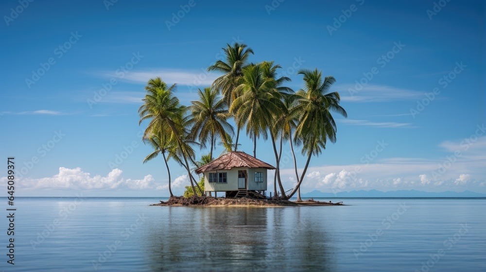 Bungalows and palm trees on a tiny tropical island surrounded by blue sea water. The concept of a comfortable secluded holiday. Illustration for cover, card, postcard, interior design, decor or print.