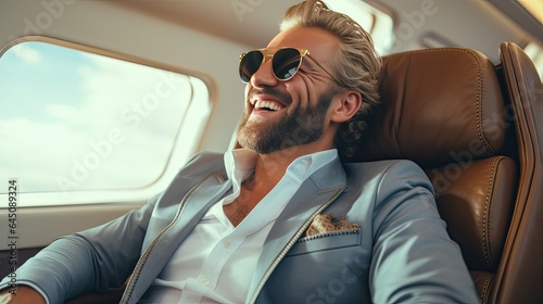 A businessman sits in a luxurious first class cabin or in a private jet. Business jet interior. Comfortable travel. Illustration for banner, poster, cover, brochure or presentation.
