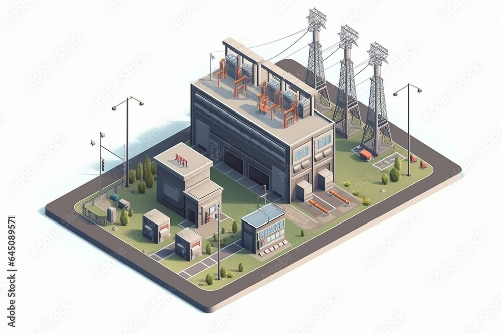 Schematic electrical substation with power distribution in isometric view. Generative AI