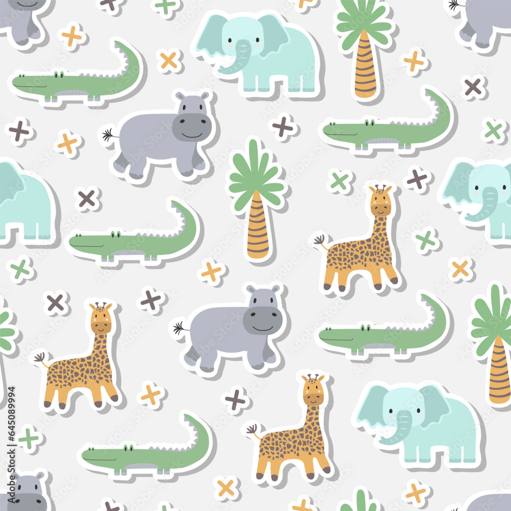 Vector sticker pattern with giraffe, elephant, crocodile, hippopotamus.Tropical jungle cartoon creatures.Pastel animals background.Cute natural pattern for fabric, childrens clothing,wrapping paper. Vector sticker pattern with giraffe, elephant, crocodile, hippopotamus.Tropical jungle cartoon creatures.Pastel animals background.Cute natural pattern for fabric, childrens clothing,wrapping paper.