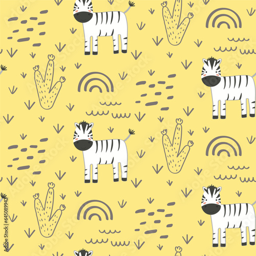 Vector seamless pattern with zebra.Tropical jungle cartoon creatures.Pastel animals background.Cute natural pattern for fabric, childrens clothing,textiles,wrapping paper.