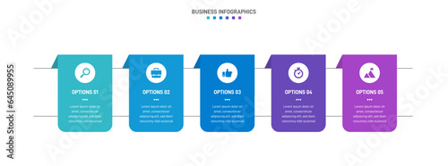 Timeline infographic with infochart. Modern presentation template with 5 spets for business process. Website template on white background for concept modern design. Horizontal layout.