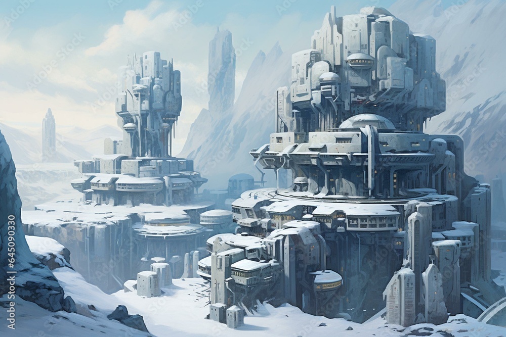 Contemporary mystical buildings in snowy scenery. Generative AI