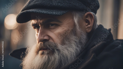 An elderly bearded man with gray hair looks thoughtfully and attentively. Close-up emotional portrait of an old man. photo