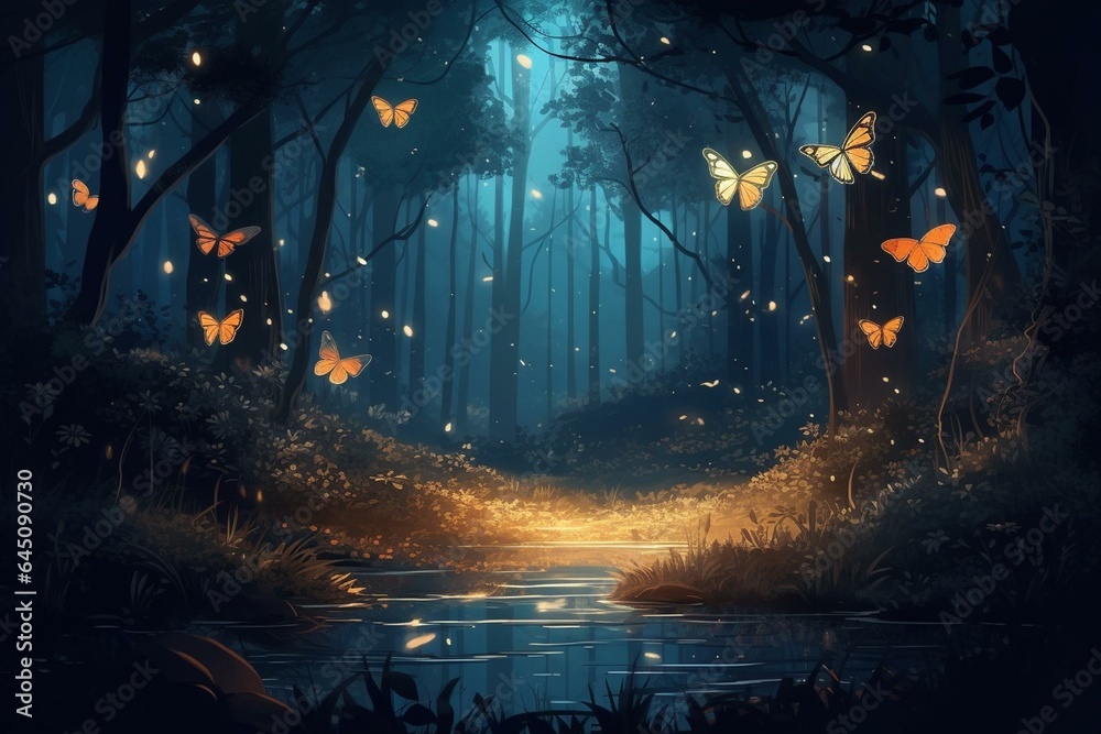Nighttime forest with fireflies and butterflies fluttering. Enchanting and fantastical atmosphere reminiscent of fairy tales. Generative AI
