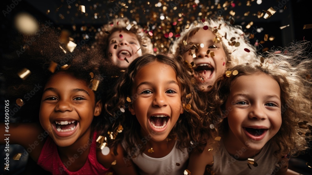 Adorable little children celebrating, falling confetti. Generative AI