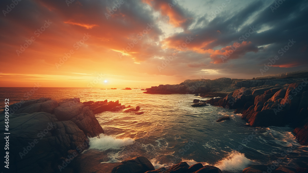 A mesmerizing sunset over a serene coastline. AI Generative.