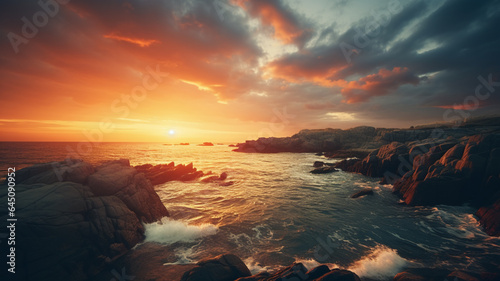 A mesmerizing sunset over a serene coastline. AI Generative. © Miry Haval