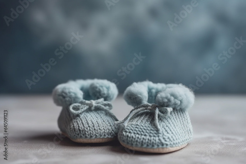 Knitted cute baby booties on cloudy background 