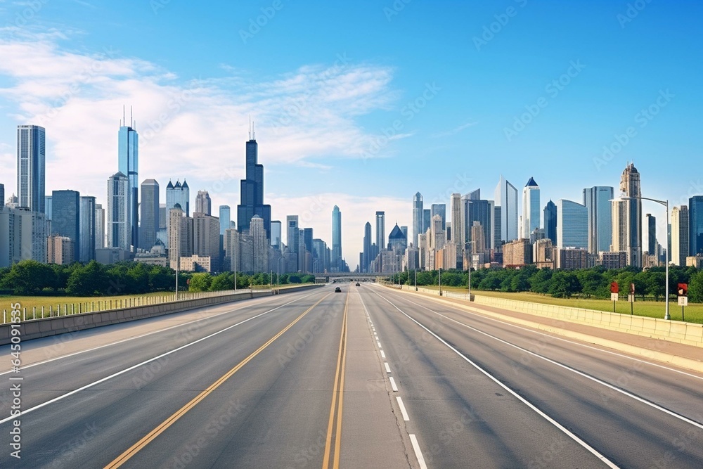 Empty road with city buildings in backdrop. New highway construction symbolizing progress. Fast logistics and delivery. Location: Chicago, USA. Generative AI