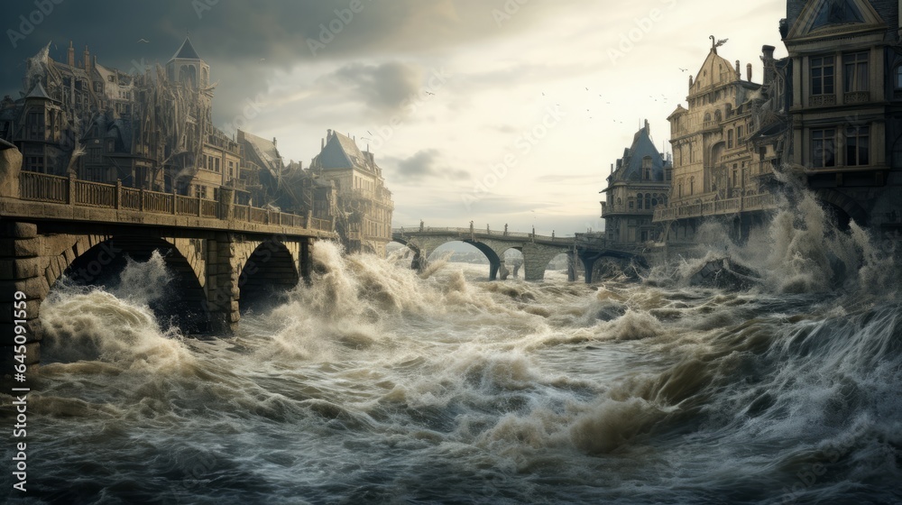 Obraz premium Water masses sweep away a bridge and houses, dramatic scenes, concept: Natural disasters, 16:9