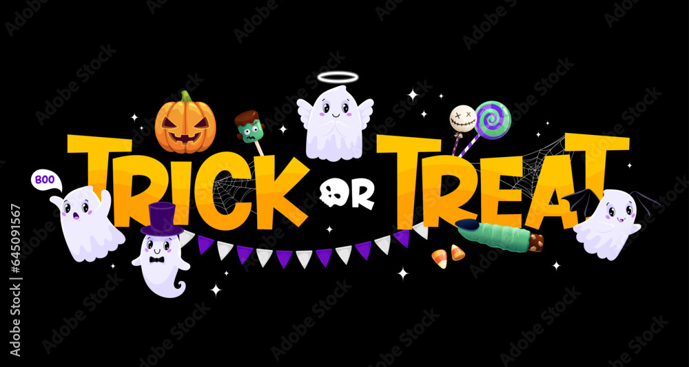 Trick or treat banner with cute kawaii ghost characters and sweets. Vector Halloween holiday funny pumpkin, skull and zombie lollipops, corn candy and witch finger cookie, cobweb and flags garland