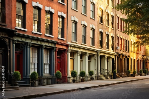 Row of historic buildings on a quiet sidewalk in Greenwich Village, Manhattan, New York City. Generative AI