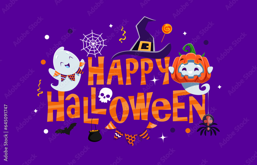 Happy Halloween banner with kawaii ghosts and holiday horror night monsters, vector background. Halloween greeting card and trick or treat party poster with funny ghosts, scary pumpkin and witch hat Happy Halloween banner with kawaii ghosts and holiday horror night monsters, vector background. Halloween greeting card and trick or treat party poster with funny ghosts, scary pumpkin and witch hat