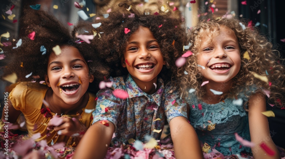 Adorable little children celebrating, falling confetti. Generative AI Adorable little children celebrating, falling confetti. Generative AI