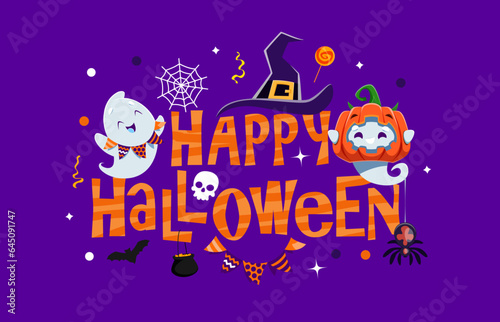 Happy Halloween banner with kawaii ghosts and holiday horror night monsters, vector background. Halloween greeting card and trick or treat party poster with funny ghosts, scary pumpkin and witch hat