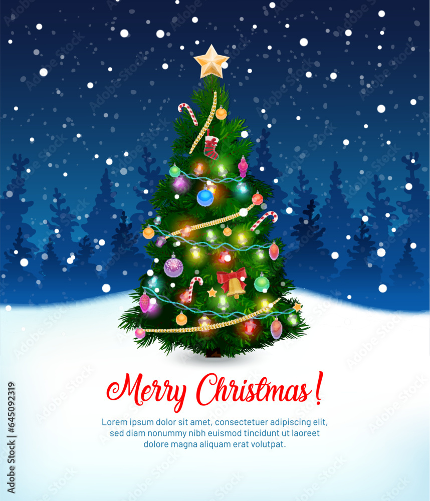 Christmas pine holiday tree in winter forest. Vector poster or greeting card with decorated spruce in winter wood surrounded by snow and tree silhouettes, twinkling lights and tinsel sparkle in night Christmas pine holiday tree in winter forest. Vector poster or greeting card with decorated spruce in winter wood surrounded by snow and tree silhouettes, twinkling lights and tinsel sparkle in night