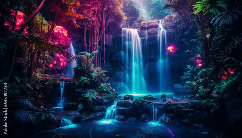 waterfall in tropical jungle glowing colorful neon made with Generative AI photo