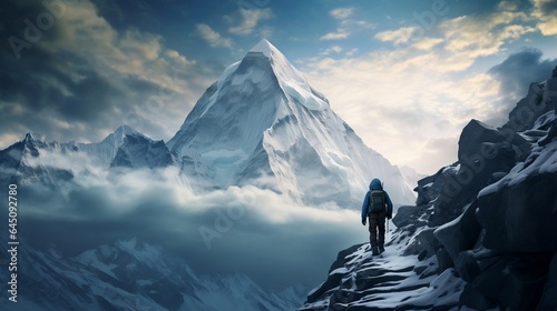 Big and snowy iceberg, cinematic photo of snow mountain view with a climber
