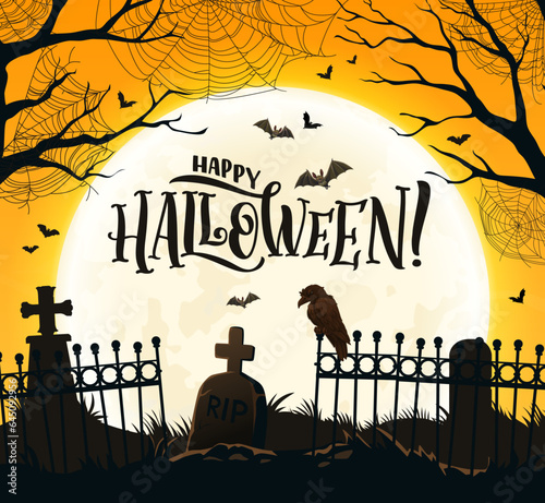 Halloween banner with cemetery silhouette, raven and cobweb, vector holiday horror night background. Happy Halloween greeting card, RIP tombstones on cemetery graveyard with bats, spiders and moon
