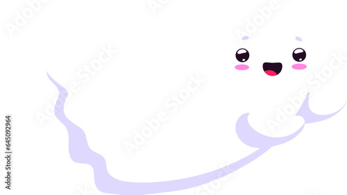 Cartoon halloween kawaii ghost character flying with a playful grin. Isolated vector cute and adorable baby spook personage adds a charming and whimsical touch to the spooky holiday celebration