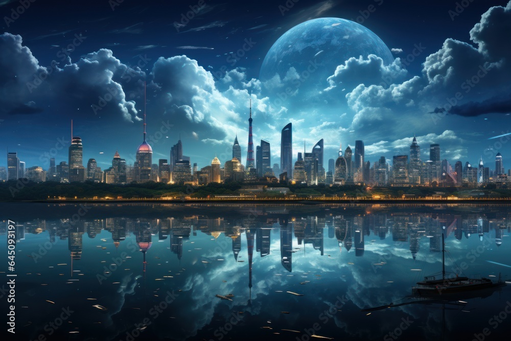 panoramic view of a luxurious city at night with neon lights panoramic view of a luxurious city at night with neon lights