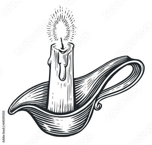 Burning candle in a bowl. Candlestick in old engraving style. Vintage sketch vector illustration