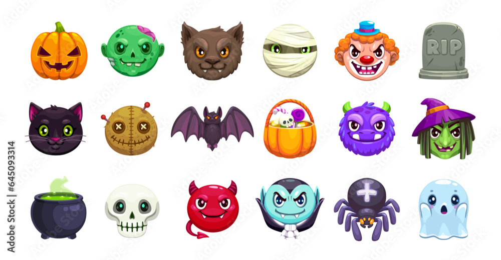 Cartoon Halloween emoji set, monster boo emoticons and spooky faces, vector smiles. Halloween holiday emoji of creepy pumpkin, zombie, vampire and mummy, spooky werewolf and witch with tombstone Cartoon Halloween emoji set, monster boo emoticons and spooky faces, vector smiles. Halloween holiday emoji of creepy pumpkin, zombie, vampire and mummy, spooky werewolf and witch with tombstone