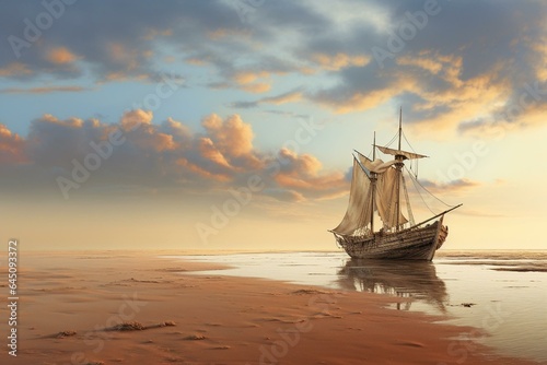 A vessel on the horizon encompassing a deserted stretch of pale sandy shoreline. Generative AI