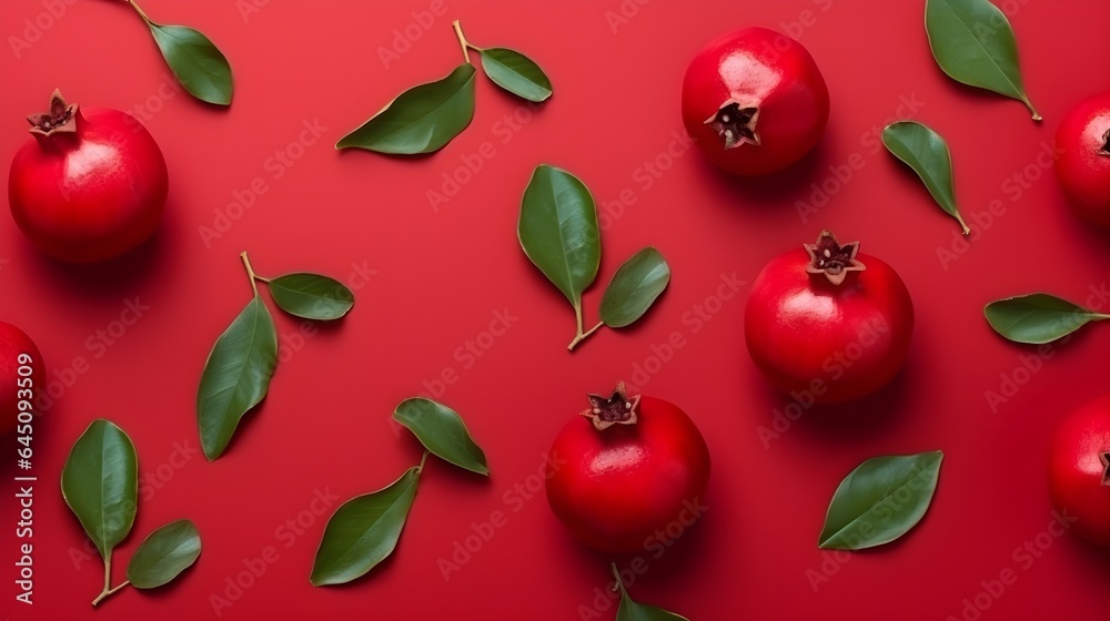 Pomegranates flat lay pattern background. Pomegranates flat lay pattern background.